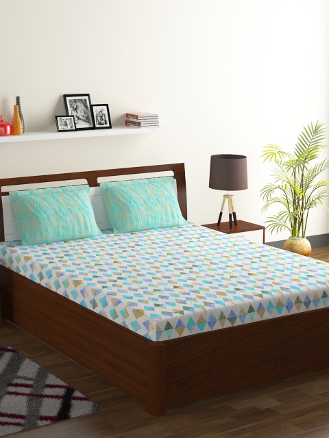 

BOMBAY DYEING White & Green Geometric 104 TC Cotton 1 Queen Bedsheet with 2 Pillow Covers