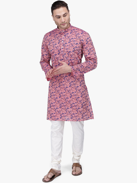 

RAJUBHAI HARGOVINDAS Men Pink & Cream-Coloured Floral Printed Kurta with Churidar