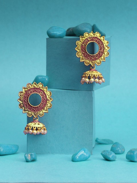 

Adwitiya Collection Maroon 24 CT Gold-Plated Floral Jhumkas