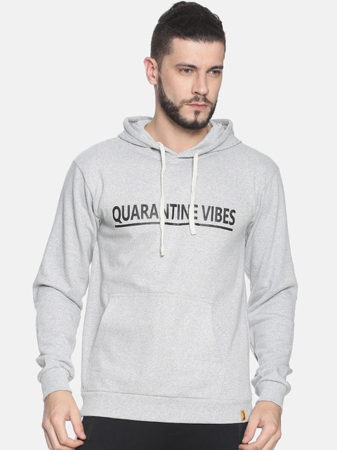 

Campus Sutra Men Grey & Black Printed Hooded Sweatshirt
