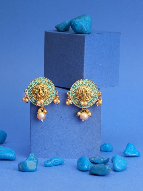 

Adwitiya Collection Green Gold-Plated Handcrafted Circular Studs