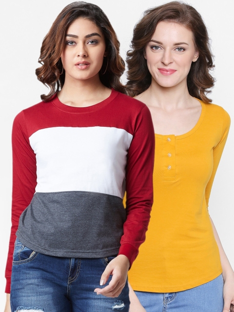 

The Dry State Women Pack of 2 Colourblocked Slim Fit Round Neck T-shirts, Yellow