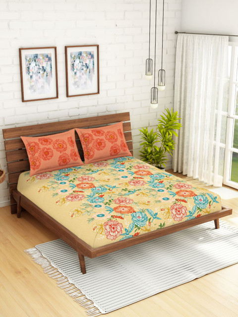 

SPACES Beige & Peach-Coloured Floral 210 TC Cotton 1 Queen Bedsheet with 2 Pillow Covers