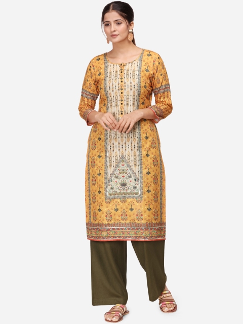 

Kvsfab Women Mustard Yellow & Olive Green Floral Printed Kurta with Palazzos