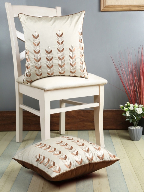 eyda Cream-Coloured & Brown Set of 2 Floral Square Cushion Covers