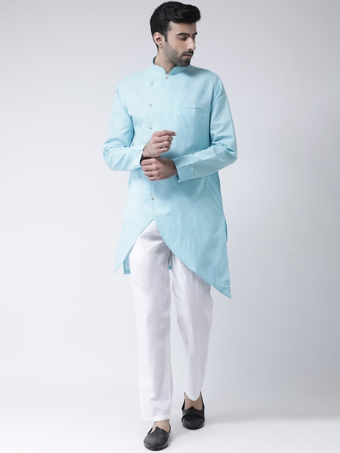 

SG LEMAN Men Turquoise Blue & White Raw Silk Solid Kurta with Trousers