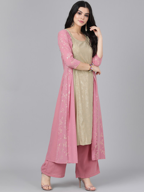 

AKS Couture Women Pink & Olive Green Self Design Kurta with Palazzos