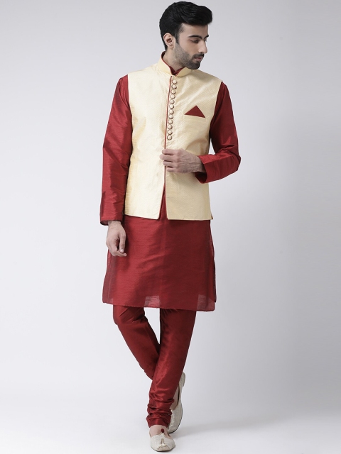 

SG LEMAN Men Maroon & Beige Solid Kurta with Churidar & Nehru Jacket
