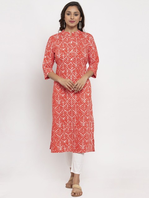 

TAG 7 Women Peach-Coloured & White Printed Straight Kurta