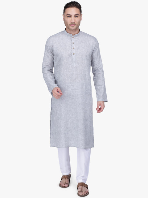 

RAJUBHAI HARGOVINDAS Men Grey & White Self Design Kurta with Pyjamas