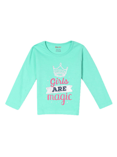 

Donuts Infant Girls Green & Pink Printed Embellished Round Neck T-shirt