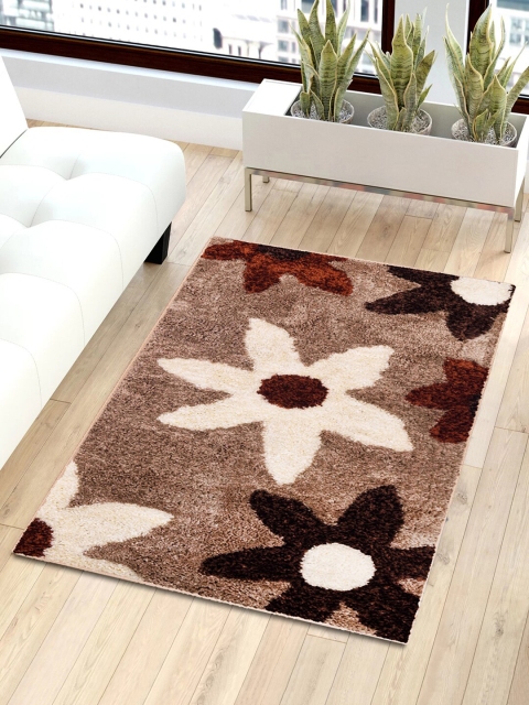 

Story@home Copper-Coloured & Beige Floral Shaggy Anti-Skid Fur Carpet