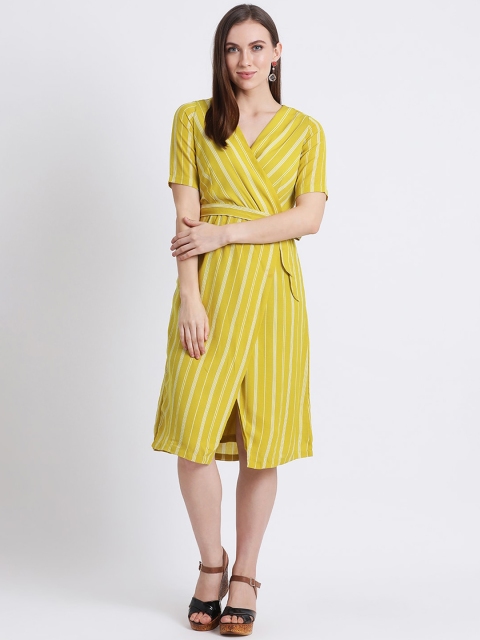 

Zink London Women Yellow & White Striped Wrap Dress