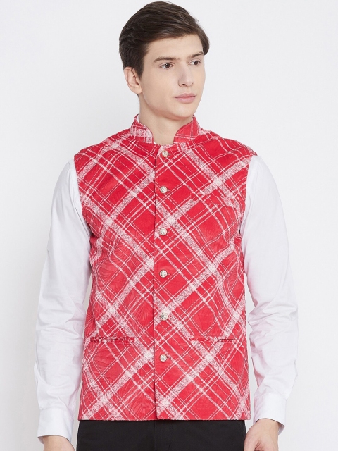 

armure Men Red & White Printed Velvet Nehru Jacket