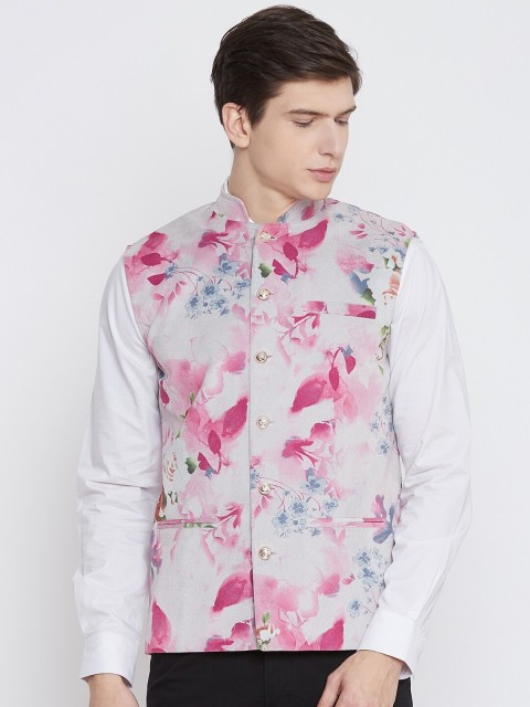 

armure Men Grey & Pink Floral Printed Single-Breasted Velvet Nehru Jacket