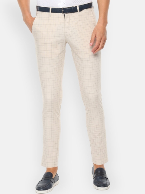 

Louis Philippe Sport Men Cream-Coloured & Brown Slim Fit Checked Chinos