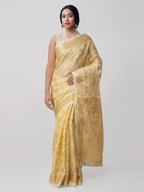 

Unnati Silks Yellow Art Silk Woven Design Handloom Jamdhani Weaving Banarasi Kota Saree