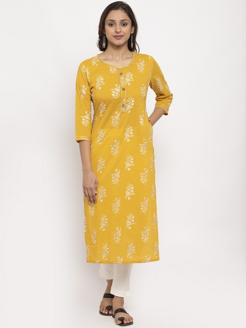 

TAG 7 Women Yellow & White Printed Straight Kurta