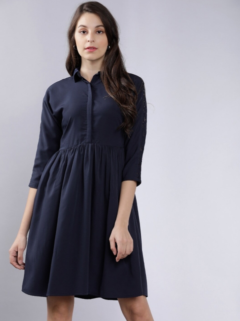 

Mumbai Slang Chic Women Navy Blue Solid Fit and Flare Dress