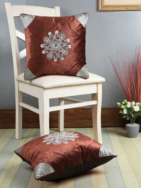 

eyda Coffee Brown Set of 2 Embellished Square Velvet Cushion Covers