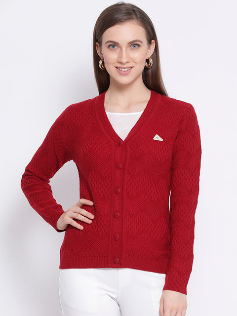 

Monte Carlo Women Red Self Design Cardigan Sweater
