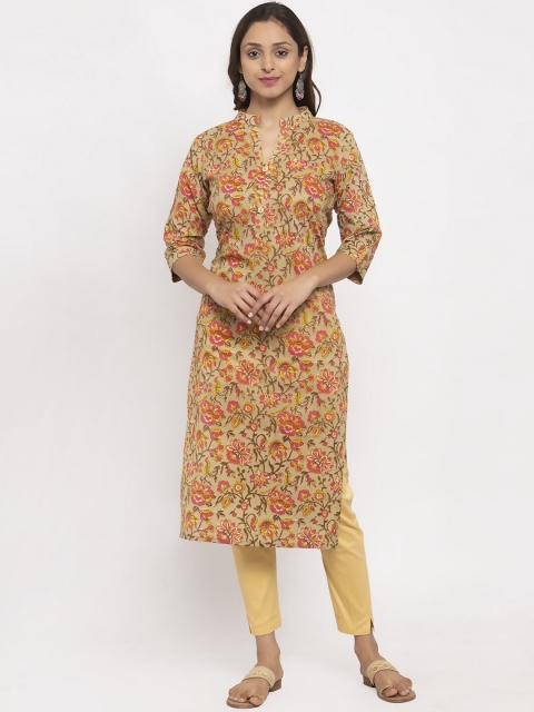 

TAG 7 Women Green & Pink Floral Printed Straight Kurta