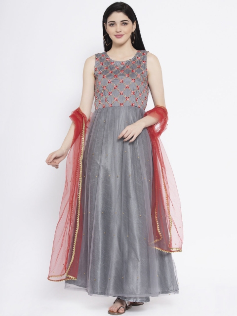 

studio rasa Women Grey Embellished Silk Maxi Kurta Dress With Dupatta