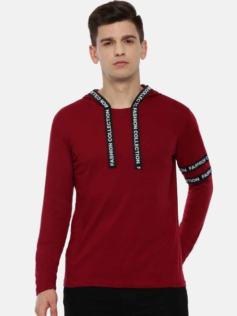 

KAY DEE Men Maroon Solid Slim Fit Hooded Pure Cotton T-shirt