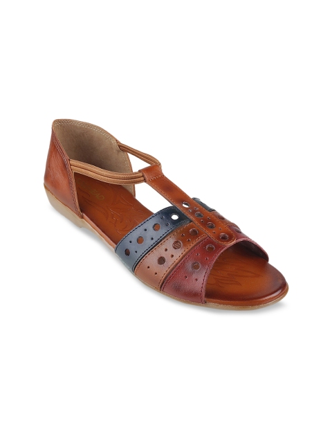 

SOLE HEAD Women Tan Brown Laser Cut Open Toe Flats