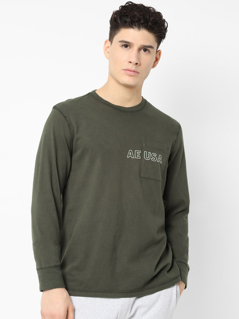

AMERICAN EAGLE OUTFITTERS Men Olive Green Printed Round Neck T-shirt