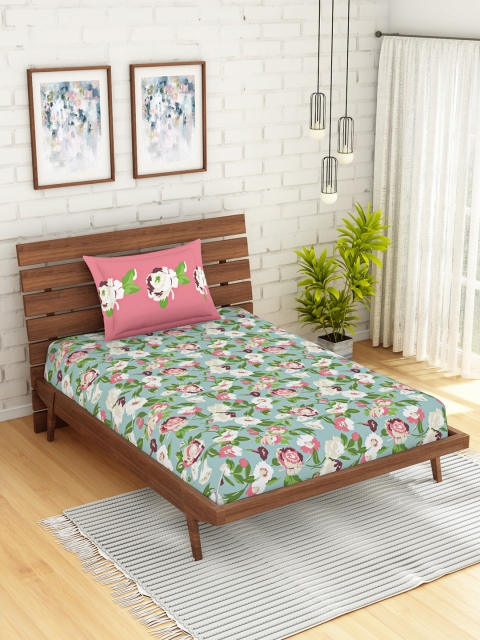 

SPACES Blue & Pink Floral 210 TC Cotton 1 Single Bedsheet with 1 Pillow Cover