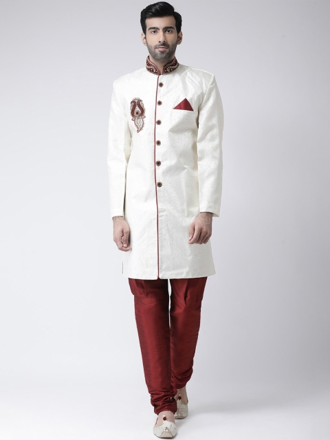 

SG LEMAN Men Off-White & Maroon Raw Silk Sherwani Set