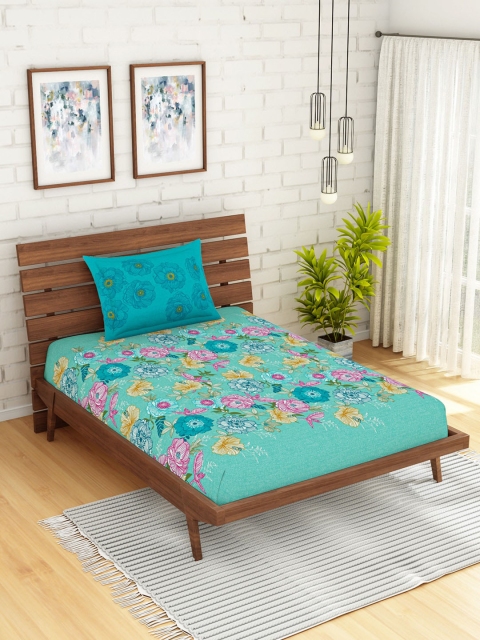 

SPACES Teal Green & Pink Floral 210 TC Cotton 1 Single Bedsheet with 1 Pillow Cover