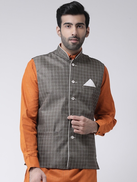 

SG LEMAN Men Grey Checked Satin Nehru Jacket