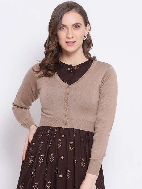 

Monte Carlo Women Beige Solid Crop Cardigan Sweater