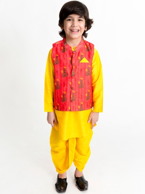 

Lil Peacock Boys Yellow & Red Solid Kurta with Dhoti Pants & Nehru Jacket
