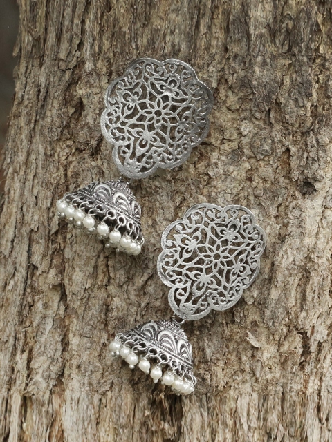 

Adwitiya Collection Oxidised Silver-Plated Classic Jhumkas