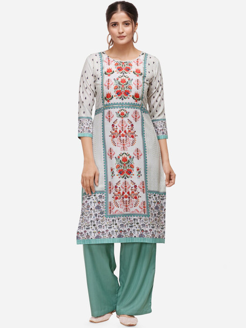 

Kvsfab Women White & Orange Printed Kurta with Palazzos