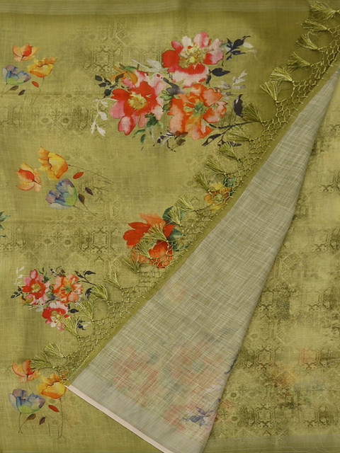 

Pothys Olive Green & Pink Linen Blend Woven Design Saree