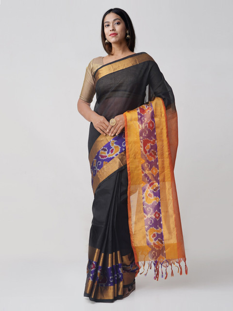 

Unnati Silks Black & Orange Silk Cotton Woven Design Handloom Pochampally Saree