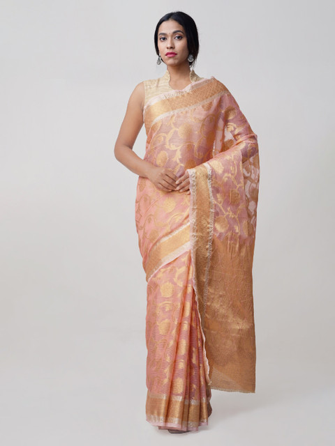 

Unnati Silks Pink & Gold-Coloured Art Silk Handloom Jamdhani Weaving Kota Saree