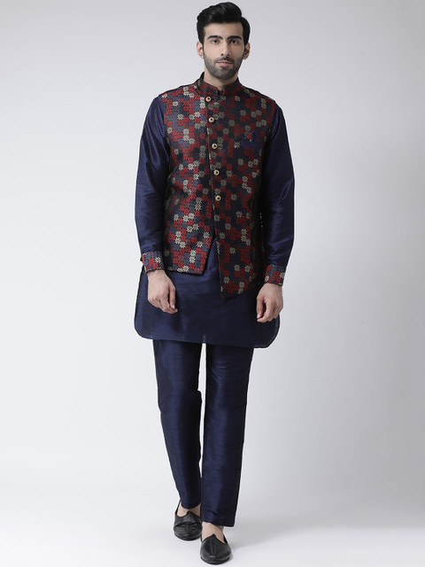 

SG LEMAN Men Navy Blue & Red Solid Kurta with Pyjamas & Nehru Jacket