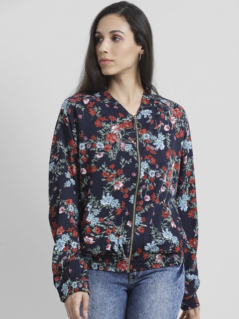 

Zink London Women Navy Blue & Red Printed Bomber