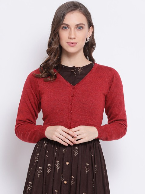 

Monte Carlo Women Red Solid Crop Cardigan Sweater