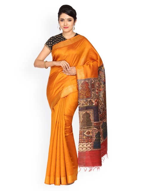 

Vijayalakshmi Silks Orange & Gold-Coloured Pure Silk Printed Tussar Saree