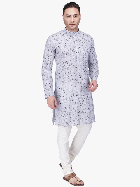 

RAJUBHAI HARGOVINDAS Men Grey & White Floral Printed Kurta with Churidar
