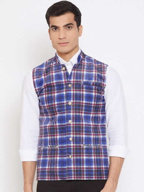 armure Men Blue & Red Checked Velvet Nehru Jacket