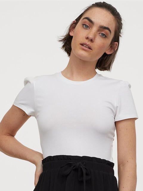 

H&M Women White Puff-Sleeved Jersey Top