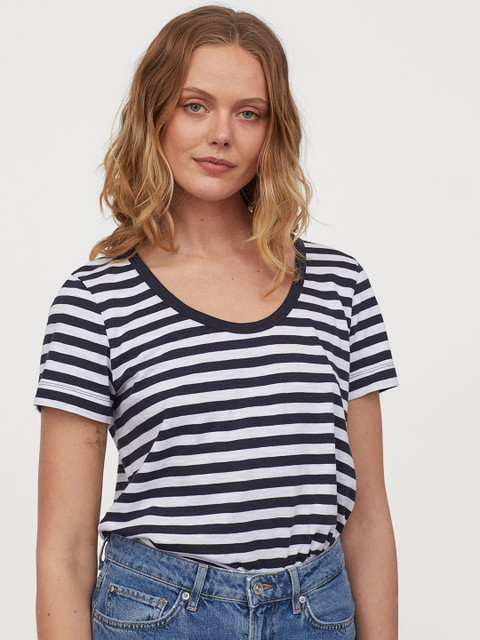 

H&M Women Navy Blue & White Striped Slub Jersey T-Shirt