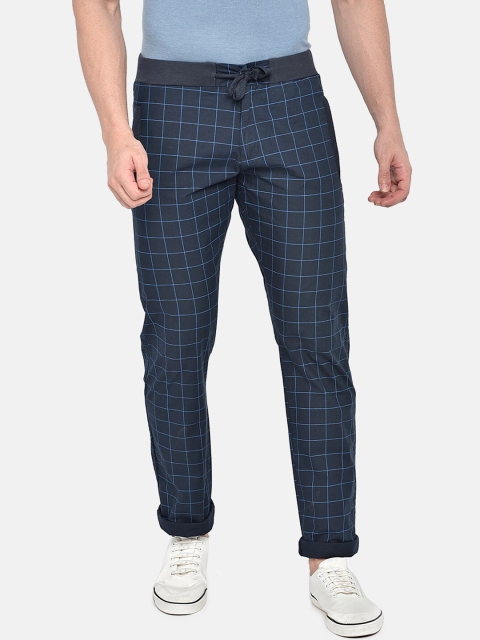 

beevee Men Navy Blue Checked Straight-Fit Track Pants